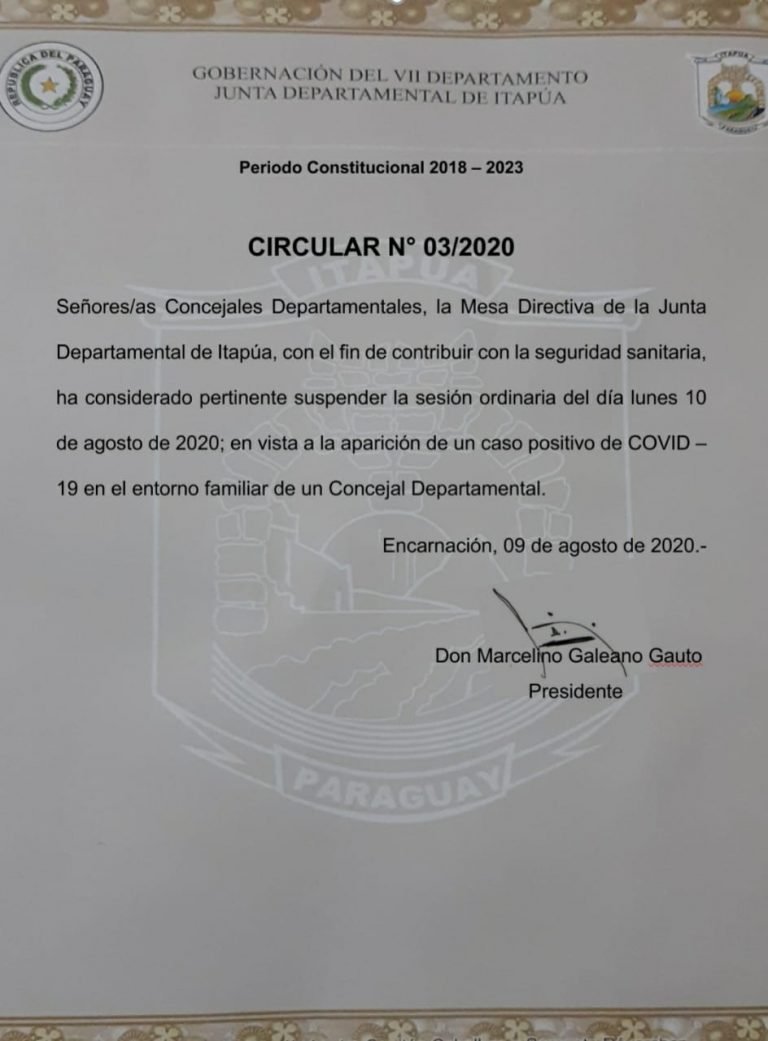 Sospecha de COVID-19 en entorno de concejal obliga a suspender sesión de la Junta Departamental de Itapúa Sospecha de COVID-19 en entorno de concejal obliga a suspender sesión de la Junta Departamental de Itapúa