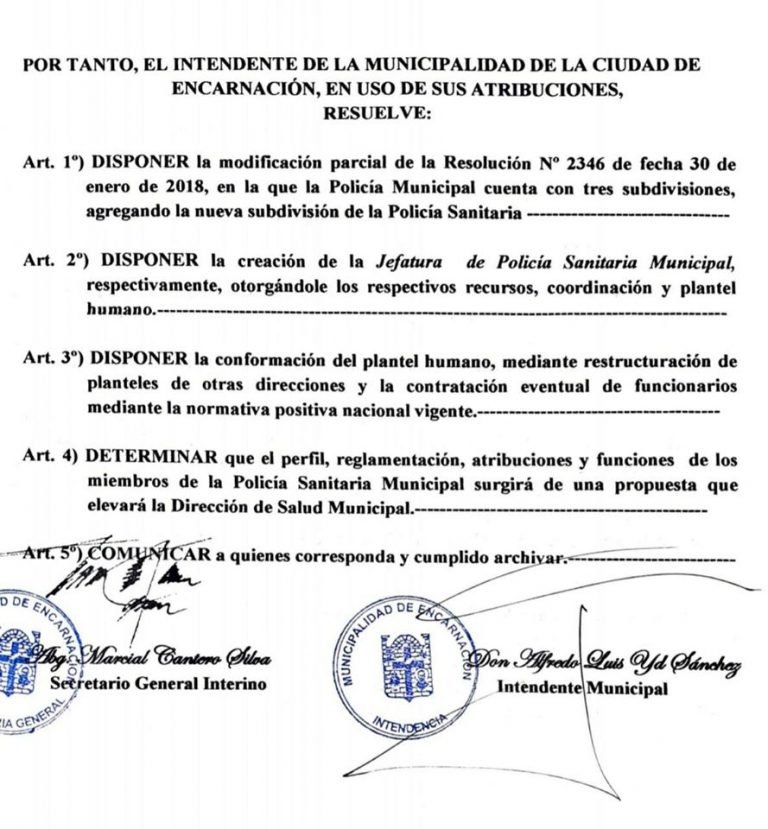 Intendente de Encarnación dispone creación de Policía Sanitaria