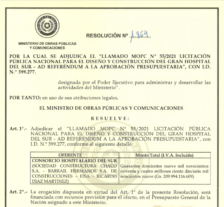 El MOPC resalta millonario ahorro en licitación del Gran Hospital del Sur