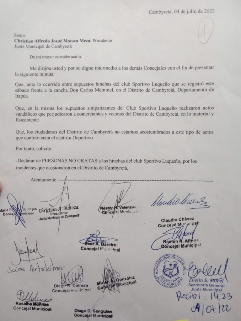 EN CAMBYRETA DECLARAN PERSONAS NO GRATAS A BARRAS DE LUQUE