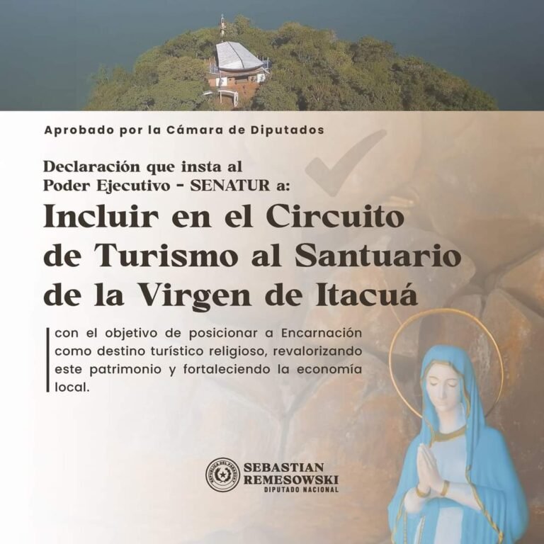 LA CAMARA DE DIPUTADOS APROBÓ LA DECLARACIÓN QUE INSTA AL PODER EJECUTIVO A TRAVÉS DE LA SENATUR INCLUIR AL SANTUARIO DE ITACUÁ EN EL CIRCUITO TURÍSTICO NACIONAL